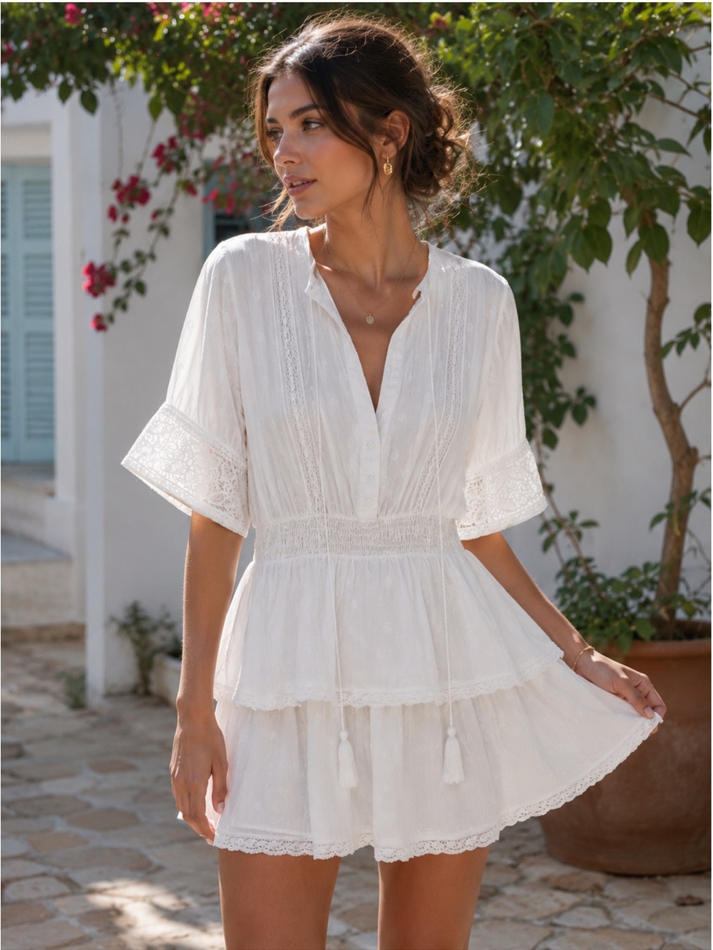 The Shirt by Rochelle Behrens White Tiered Lace Cotton Mini Dress